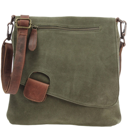 Suede green full grain handmade leather cross body bag